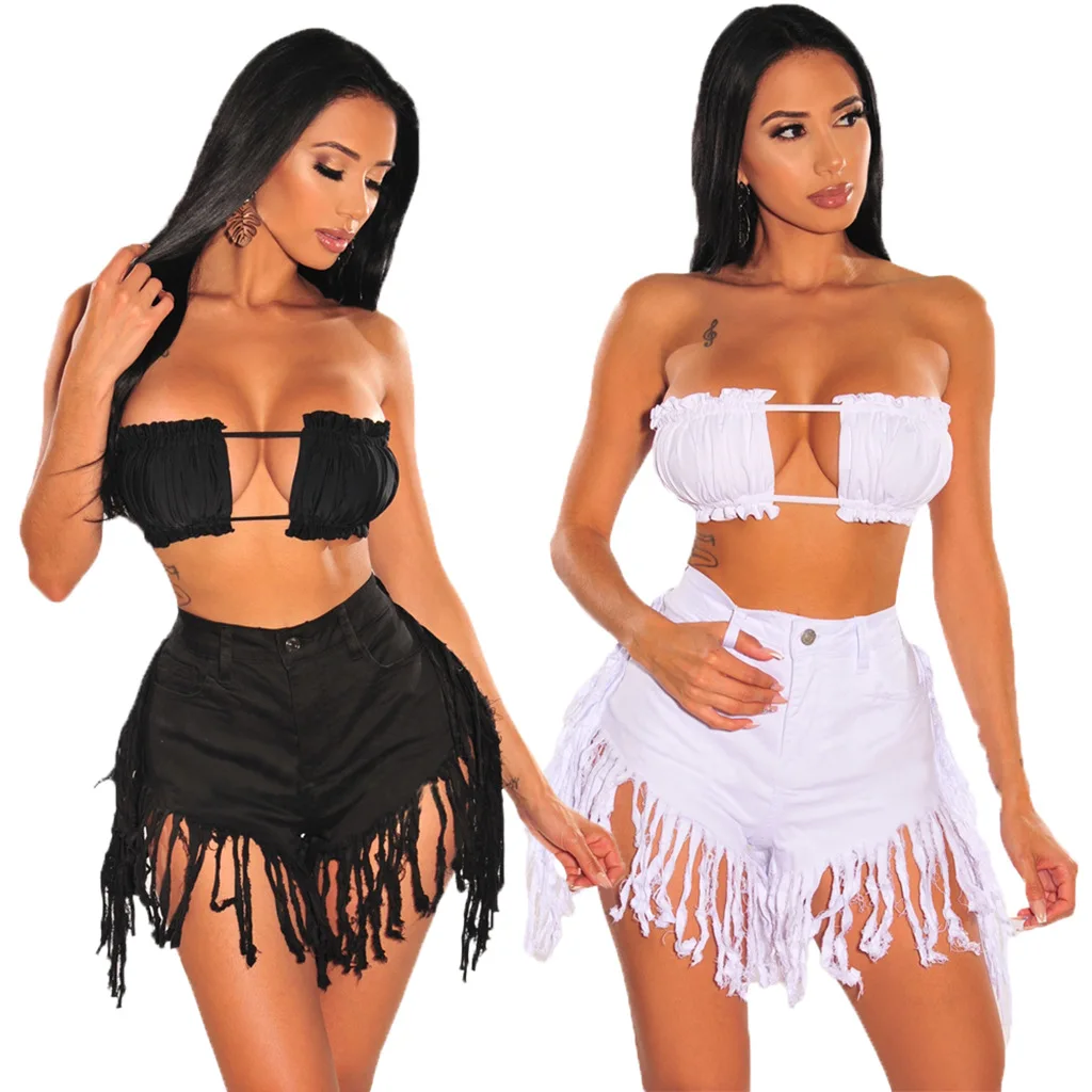 

F40499A hot fashion sexy hip wrap fringed jeans straight stretch shorts women's suits two piece short set, As picture