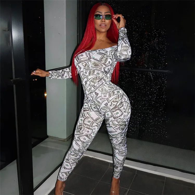 

Us Dollar Printed Off-Shoulder Jumpsuit Women'S Fashion Novel Tight-Fitting Sexy Sports And Leisure Jumpsuit, Customized color