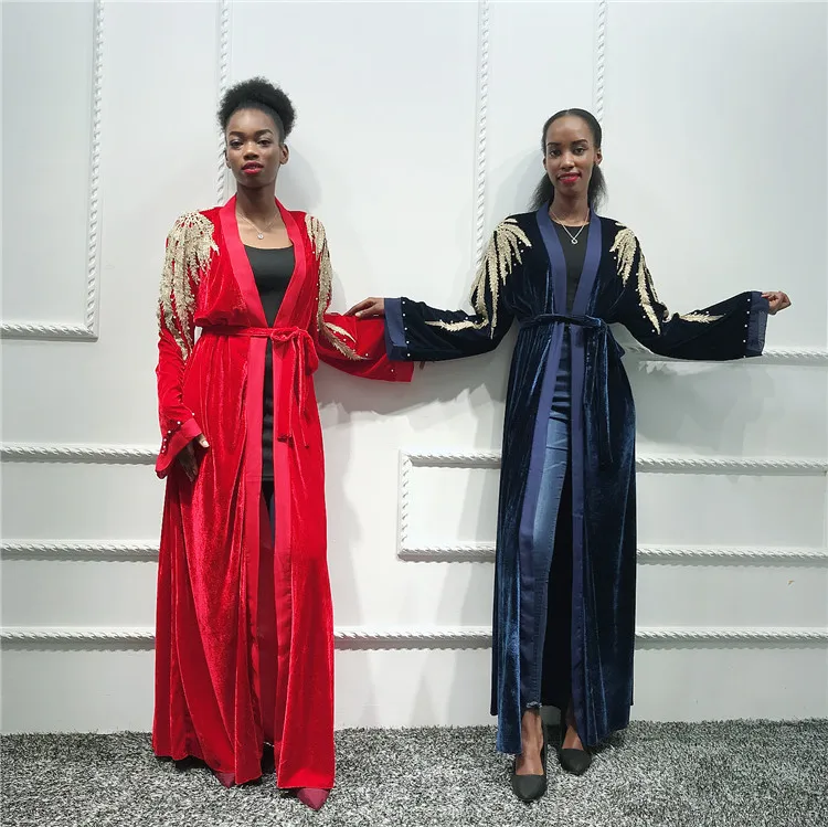 

Fancy lace pearl muslim winter velvet abaya, Navy,wine red