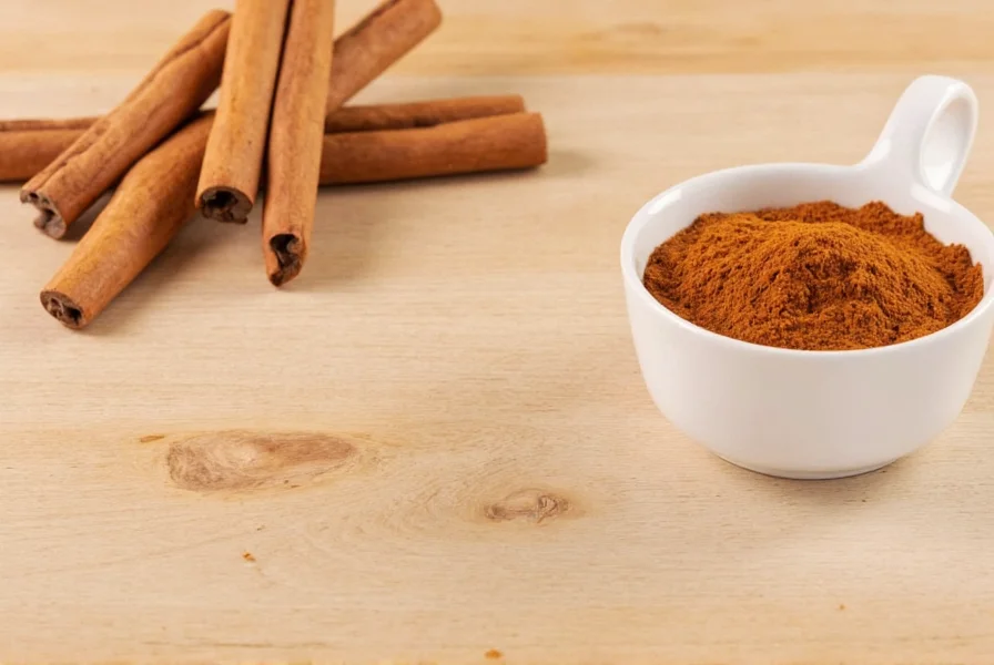 Close-up of cinnamon sticks and ground cinnamon next to heartburn relief items