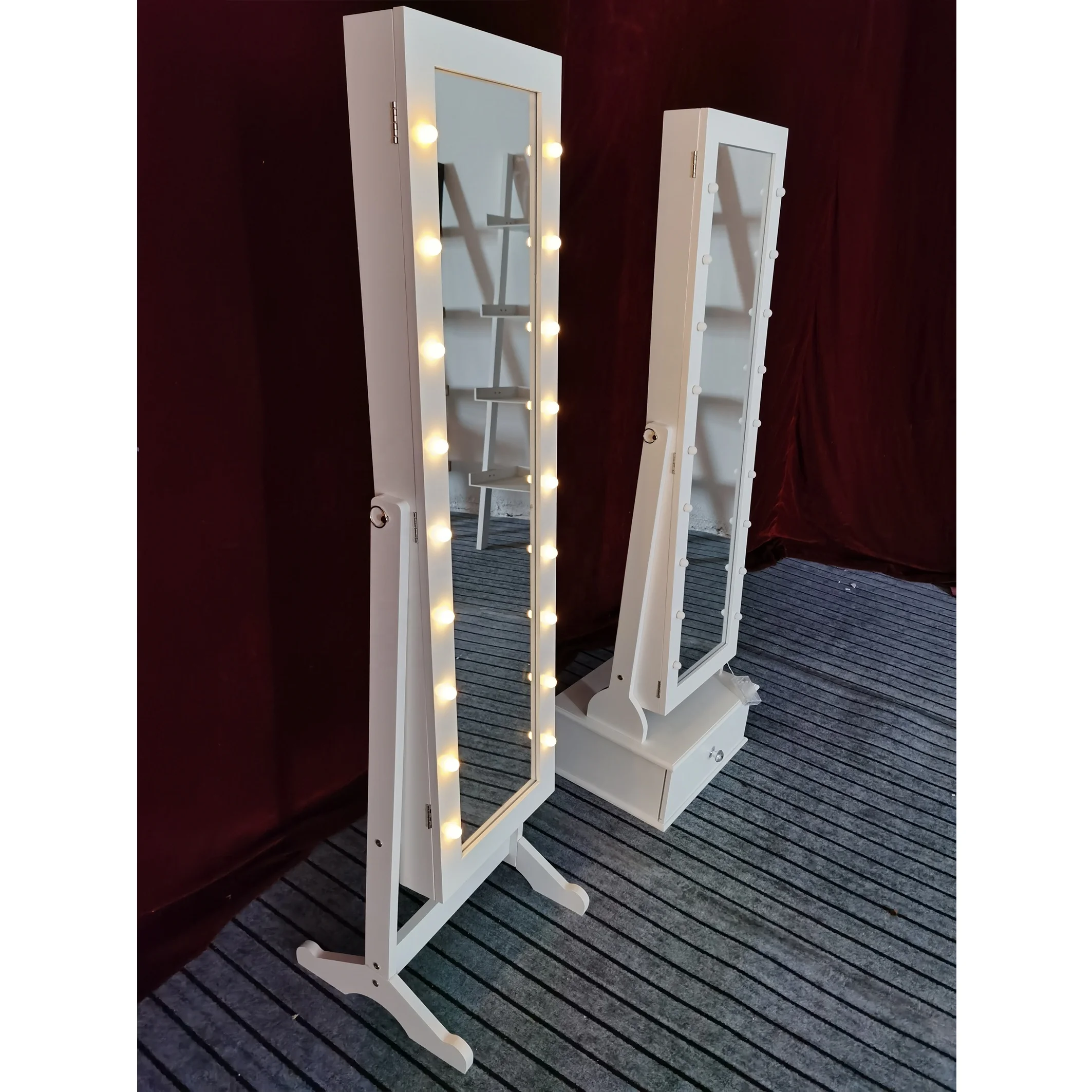 

Pure White Bulb Lights Floor Organizer Jewelry Armoire Stand Mirror