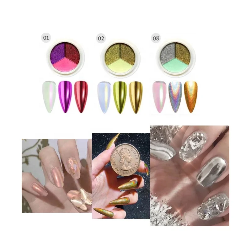 

Solid Chrome Nail Powder Mirror Effect Pigment Aurora Dust Solid Chrome Nails Three Colors Acrylic Power, 12 colors
