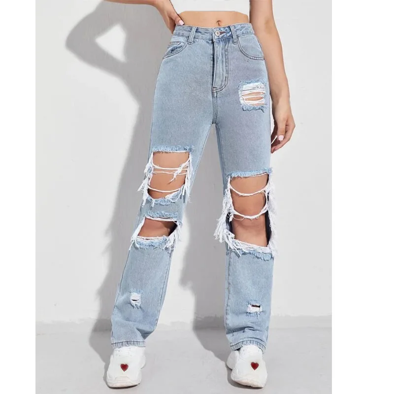 

Women's Summer High Rise Ripped Mom Jeans 2021 Fashion Loose Fit Distressed Denim Pants Cotton Straight Leg Baggy Jean Trousers