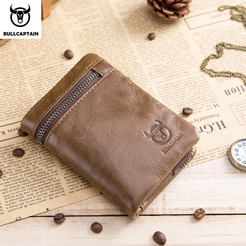

BULLCAPTAIN Short Tri-Fold Buckle Zipper Wallet Men's Cow Leather Wallet Coin Purse Money Bag Business Card Holder RFID Holder