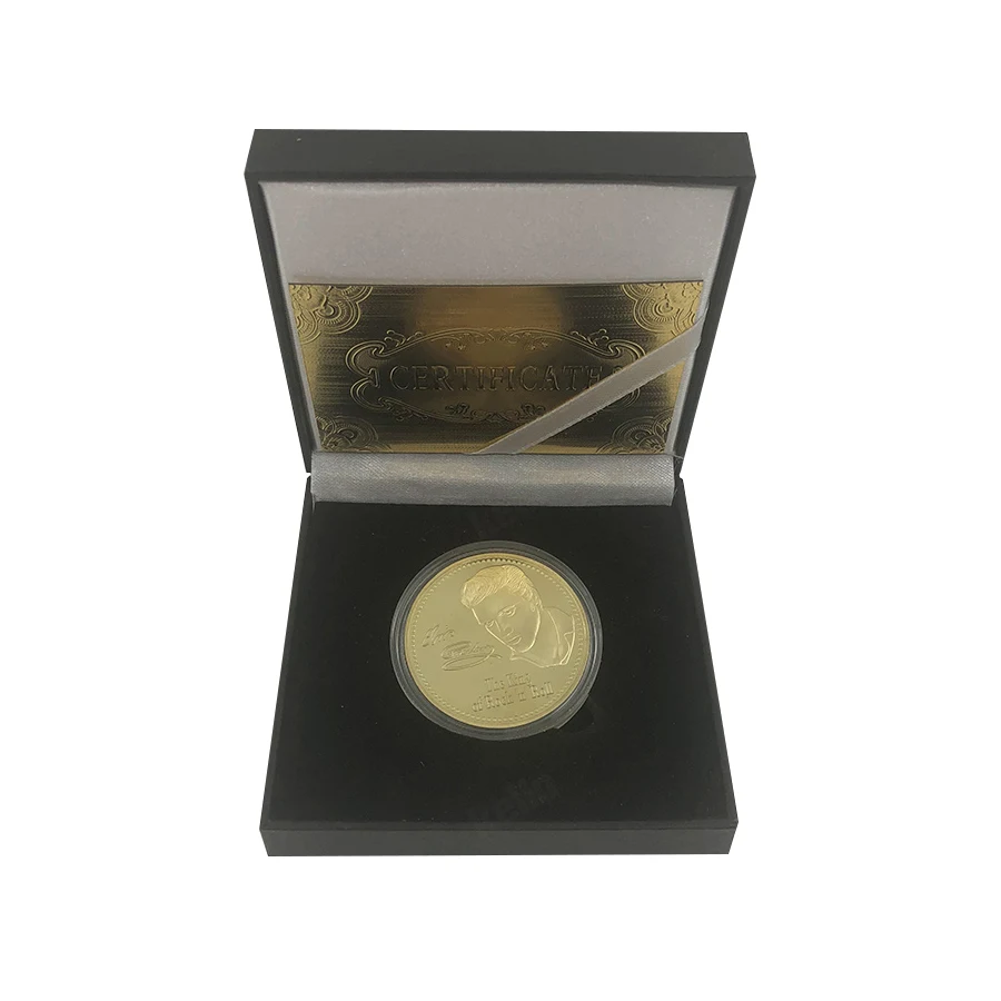 

Metal Crafts famous rocker Elvis Aron Presley Gold plated Commemorative Coin The King of Rock 'n' Roll Gold Coin in box