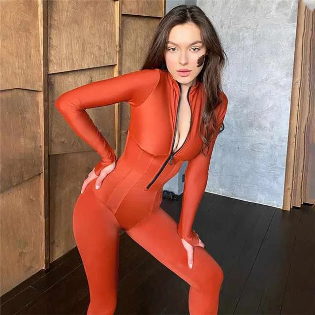 

Spring New Fashion Slim Waist Long Sleeve Zipper Jumpsuit, Picture color