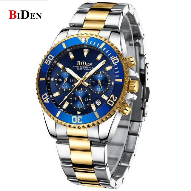 

Luxury Gold Watch Men Top Brand BIDEN 3ATM Waterproof Classic Golden Blue Chrono Business Casual Men Wristwatch Gifts for Men