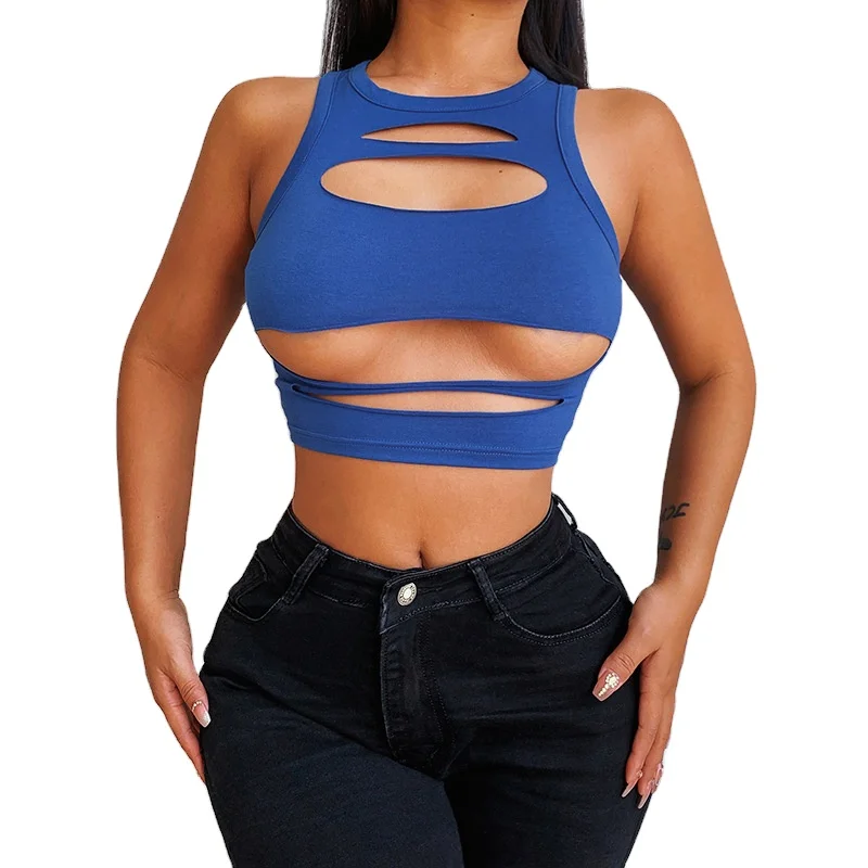 

2022 new arrivals summer collection asymmetrical design women fashion sexy spandex hollow out crop top