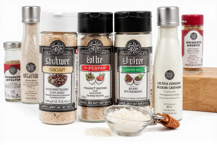 Salt & Pepper brand salt products displayed in various packaging options including grinders and shakers