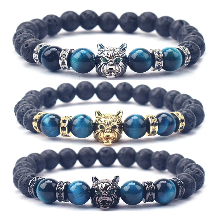 

Karseer Viking Wolf Head Charm Healing Crystal Stress Relief Anti Anxiety Energy Stone Beaded Bracelet