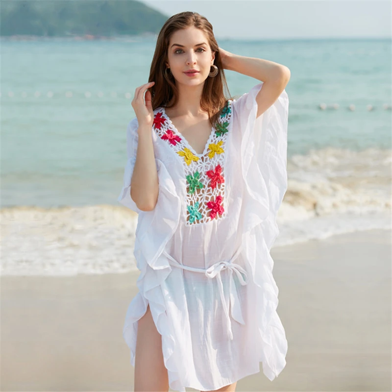 

Crochet Beach Dress Cotton Beach Cover Up Summer Beachwear Swimsuit Embroidery Beach Wear Bikini CoverUp 2021 Dropship