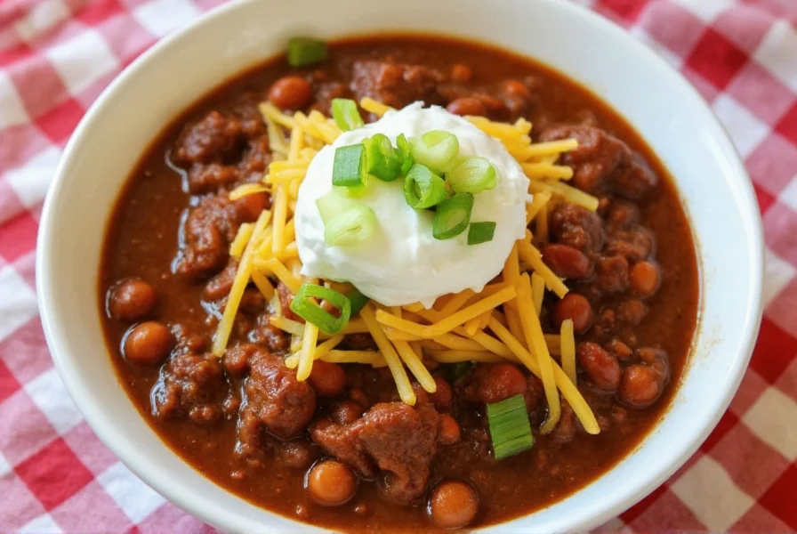 Bowl of rich stew beef chili topped with cheese, sour cream, and green onions