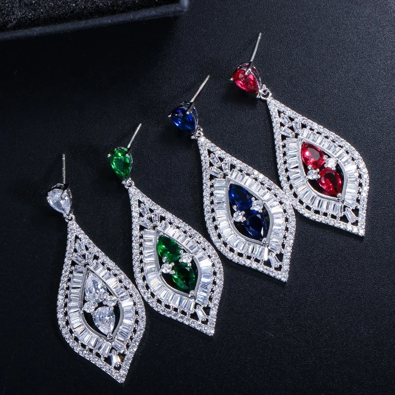 

Luxury bridal jewelry white Cubic zircon dazzling leaf shape long drop earrings for wedding costume jewelry, Picture shows