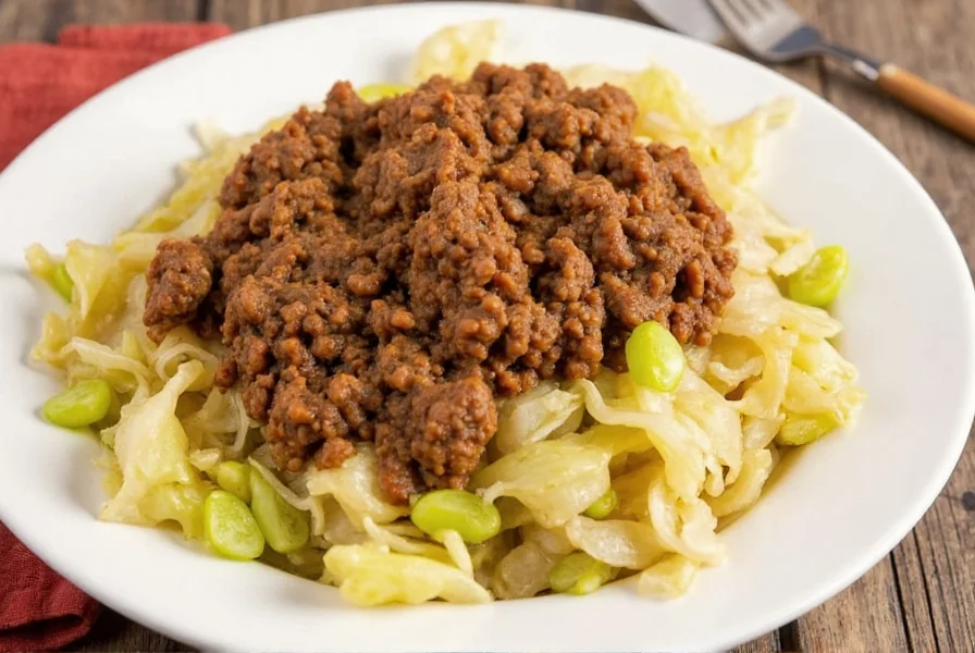 Ground beef and chopped cabbage in a bowl