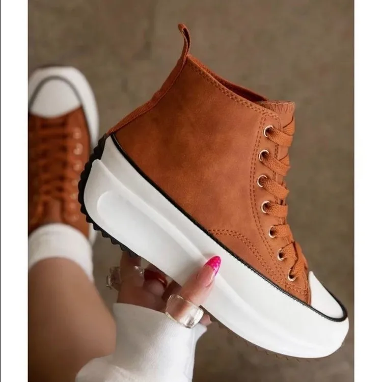 

Women's casual canvas lace up shoes large sizes Solid color Round platform shoes