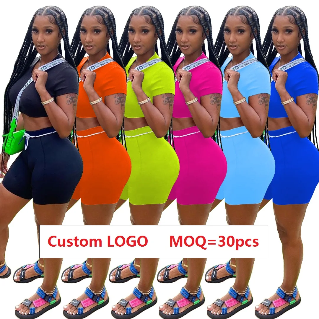 

Logo Customized Women s 2 Piece Set Sexy Solid Color Short Pant Set Fashion Casual Two Piece Crop Top Set, Orange, black, fluorescent green, rose red,sky blue,royal blue