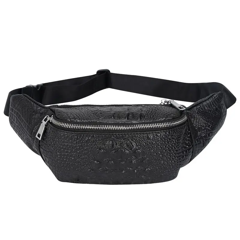 

Drop Shipping OEM Stylish Custom Print Crocodile Pattern Black Genuine Cowhide Leather Fanny Pack Waist Bag