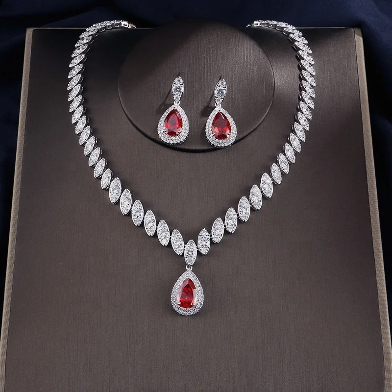 

Luxury Crystal CZ Zircon Dubai Bridal Wedding Jewelry Sets Simple Water Drop Pendant Necklace Dangle Earrings Bracelet set, Customized color