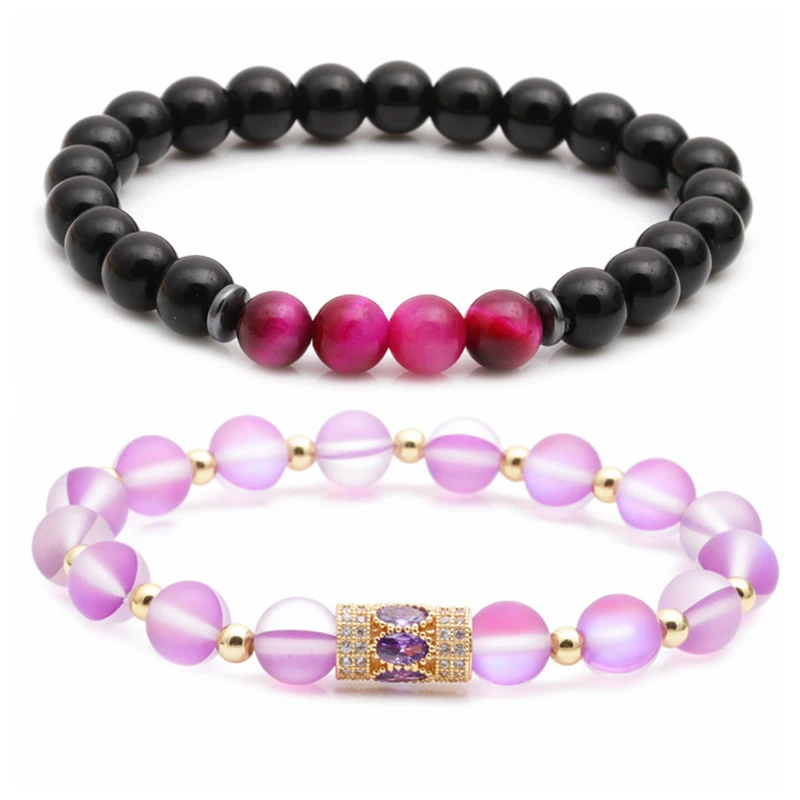 

Hot selling 2pcs/set luxury waistline purple weathered stone matte tiger eye moonstone beaded stone bracelet bracelet women, Picture