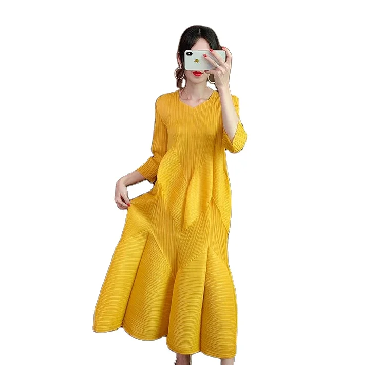 

New arrival wholesale miyake Buds fold plus size long Women Lady Elegant Siamese maxi dresses