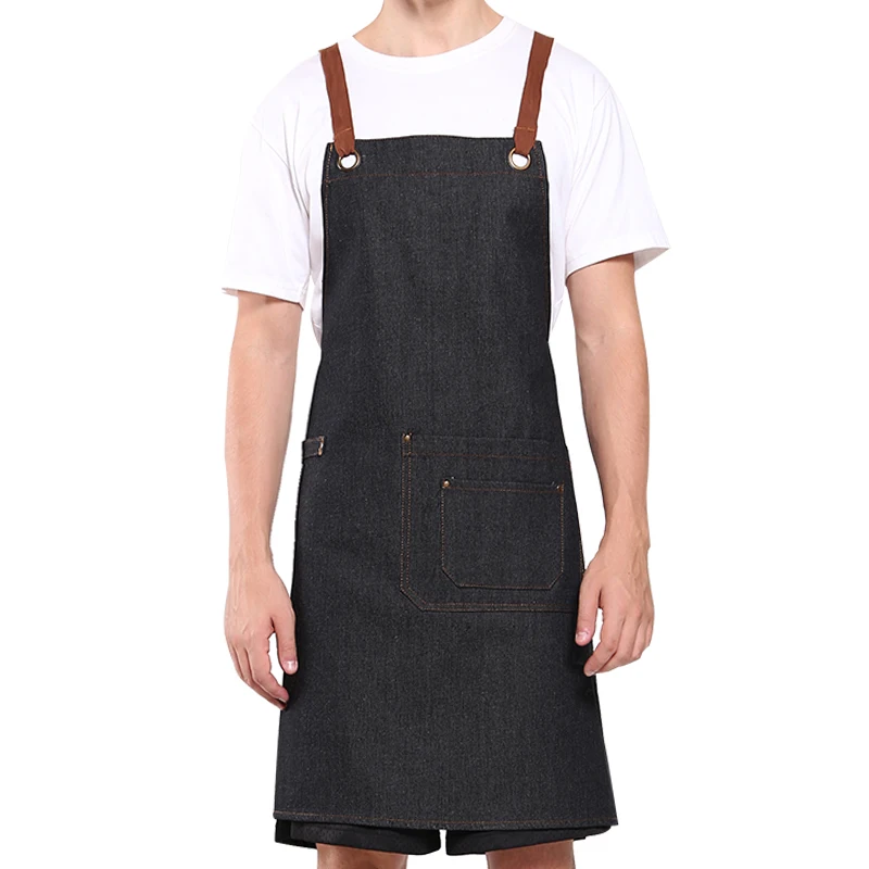 

Restaurant cotton denim bib unisex work uniform apron with webbing, Blue