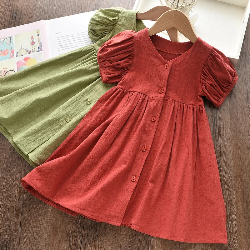 

Solid Ruffle Dress Toddler Girl Custom Wholesale Hot Seller Kids Style Solid Cottonshort Puff Sleeve Dress Girls Summer, Picture shows