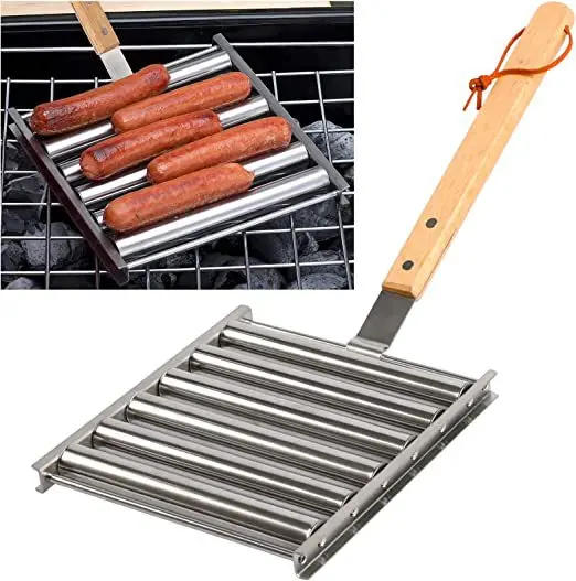 

Hot Sale Stainless Steel Hot Dog Grill Roller BBQ Sausage Roller Rack with Long Wood Handle Sausage Griller