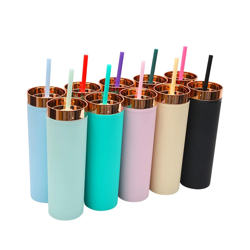 

wholesale bulk acrylic 16 Oz skinny tumblers with lid and straw rose gold cup pre drilled double wall plastic Semi-Matte tumbler