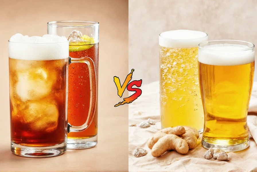 Close-up of ginger root with ginger beer and ginger ale glasses in background showing visual differences