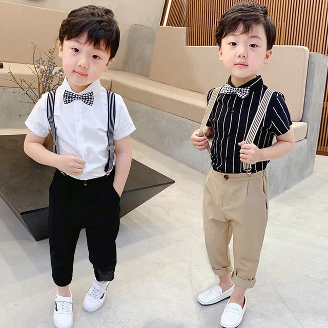 

Boys School Uniform Kids Formal Strap Shirt +Pants Clothing Set Children Birthday Dress Girls Performance Wedding Party Costume, Can be customized