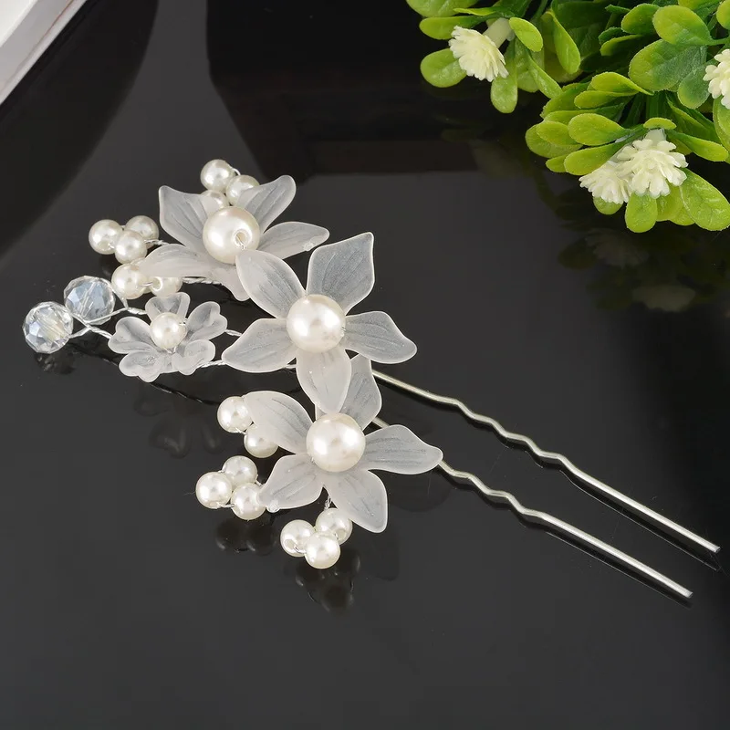 
Top quality white acrylic flower shaped hair stick with imitation pearls for girls hair decoration flower hair clips 
