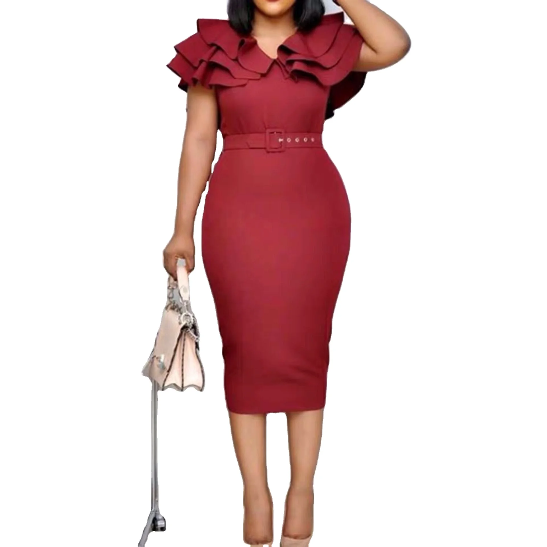 

Amazon FBA Service ATE-D012 add logo ruffle belt bodycon african woman fashion knee length career dress