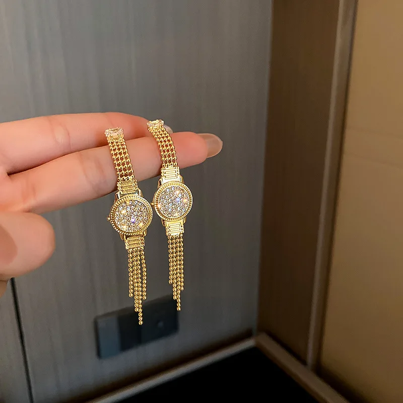 

Statement Micro Pave Cubic Zircon Watch Dangle Earrings Gold Plated S925 Silver Needles Bling Diamond Watch Chain Tassel Earring
