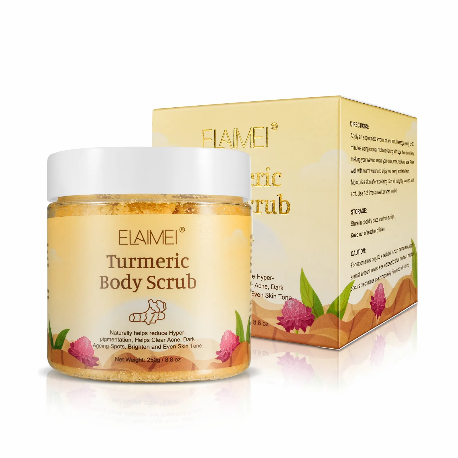 

ELAIMEI private label custom logo wholesale skin care brightening natural organic whitening exfoliating turmeric body scrub