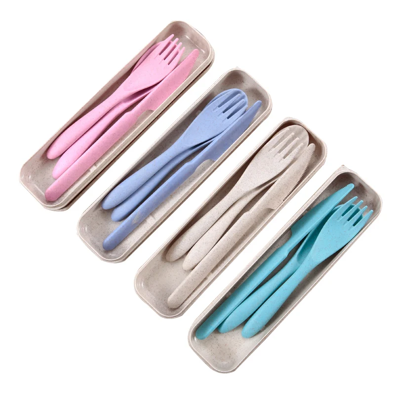 

Eco-friendly Wheat Straw Spoon Fork Knife Set Travel Camping Plastic Portable Cutlery Pass Tested, Blue, pink, beige,purple