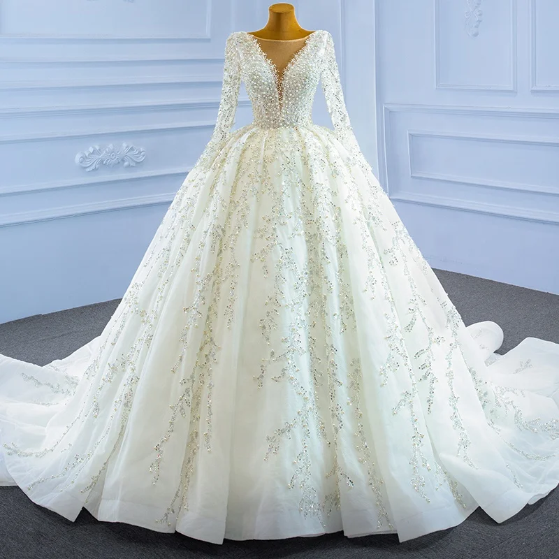 

Jancember RSM67260 Luxury Heavy Beading Elegant Wedding Dress Long Sleeve Bridal Gown, Ivory