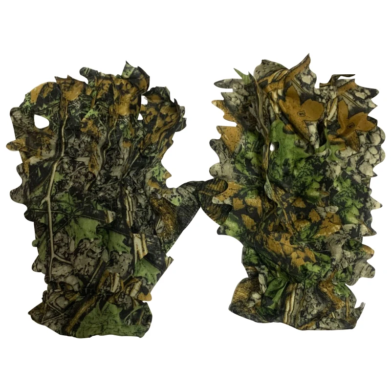 

3d Bionic Leafy Camouflage Headwear 2pcs Hunting Ghillie mitten For jungle Outdoor Activities