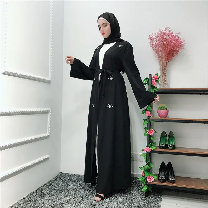 

Kimono Long Robe Gowns Dubai Middle East Ramadan Arab Islamic Clothing Diamonds Muslim Dress Beading Cardigan Abaya, 2 colors