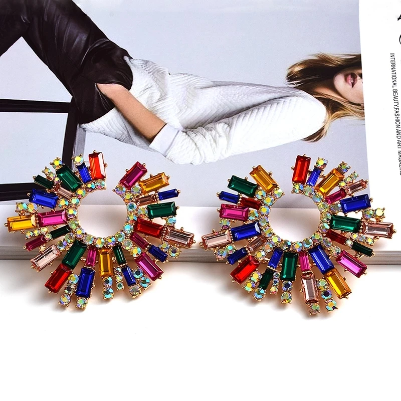 

New Design Irregular Metal Colorful Crystal Statement Earrings Best Selling Fashion Rhinestones Jewelry Accessories For Women