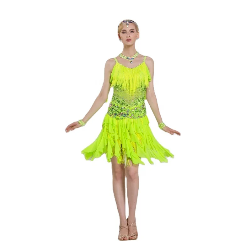 

L-16158 Latin dance performance dress fresh fluorescent green performance dress debris tassel kids dance dress adult new, Customer choice