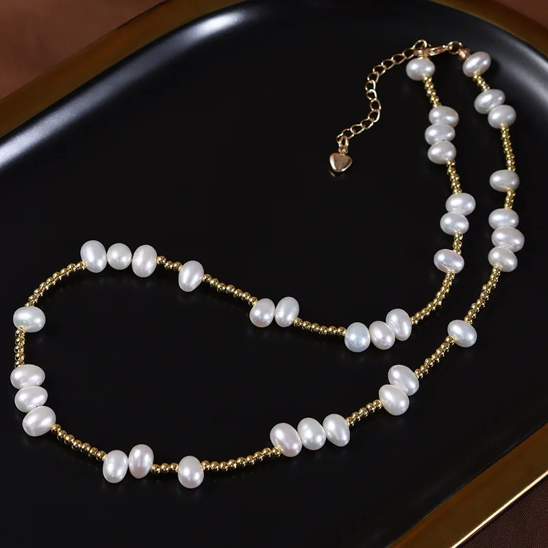 

18k Gold Plated Chain Fresh Water Pearl Steel bead splice Jewelry Women Dainty Natural 5-6mm freshwater rice Pearl Necklace