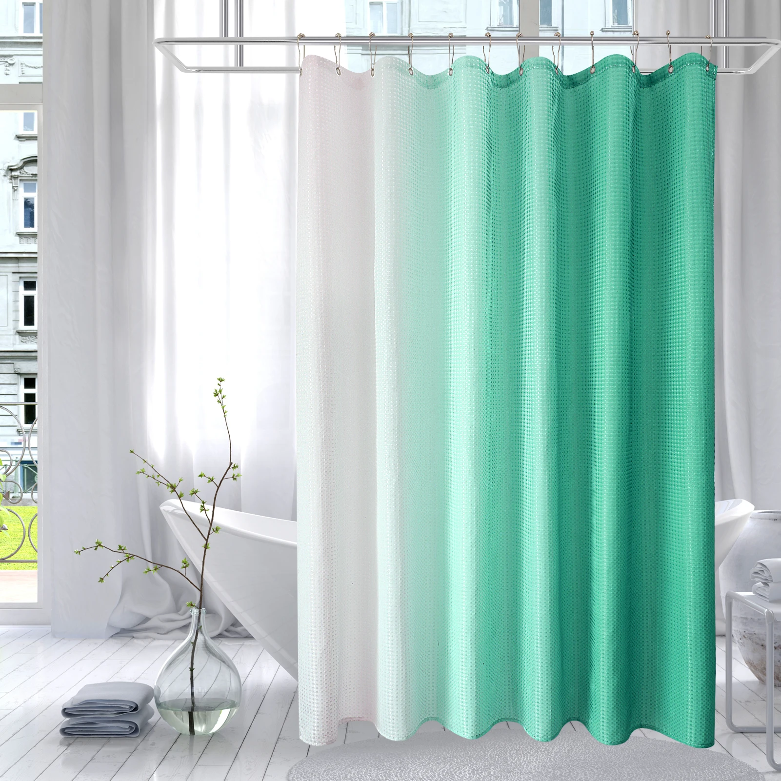 

Amazon Basics Fabric Aqua Shower Curtains with Grommets and Hooks, Long Bath Curtains Water Repellent for Bathroom Decor, As color card