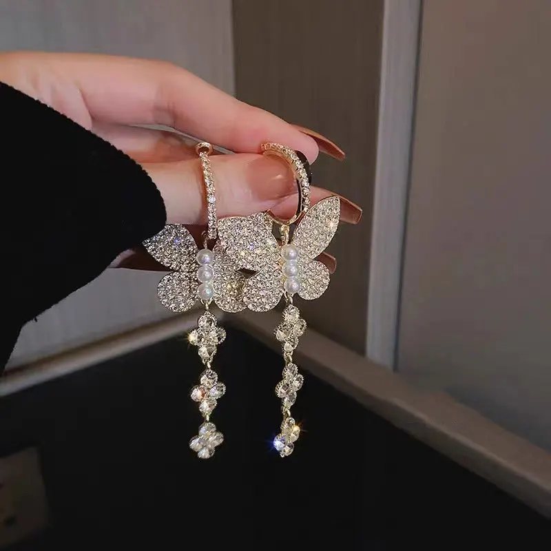

925 Silver Needle European and American Fashion Style Diamond Butterfly Earrings Long Tassel Flower Earrings