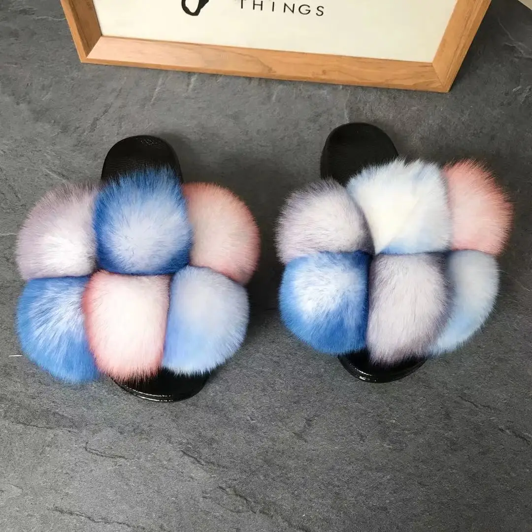 

New wholesale indoor pvc sole racoon furry fur slides sandal colorful 100% real fluffy fox raccoon fur slipper for women, 32 colors