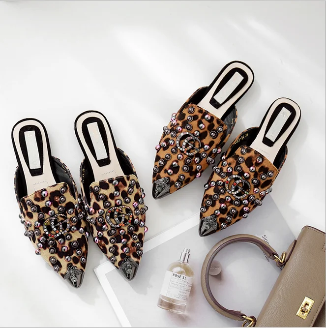 

New European and American leopard print flat bottomed pointed willow bead metal buckle women's bag head low heel half slipper, Color