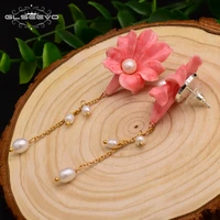 

GLSEEVO 925 Sterling Silver Coral Pink Flower Drop Earrings For Women Natural Pearl Dangle Chain Piercing Earrings New GE0006