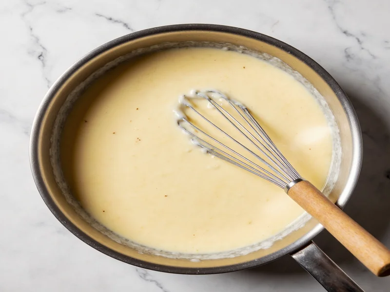 Whisking cream-free alfredo sauce in stainless steel pan