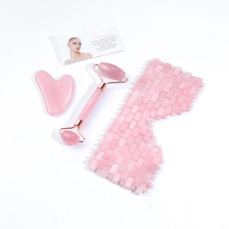 

3 piece set natural rose quartz face eye mask, rose quartz jade roller gua sha set