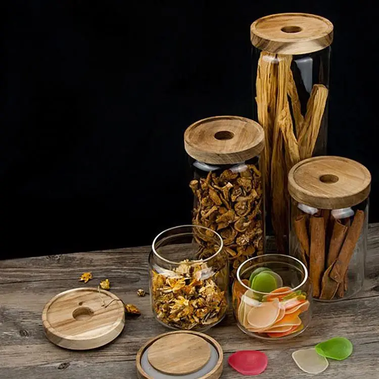 

Customized Honey Bottle Borosilicate Glass Jar Acacia Wooden Lid Glass Jars For Food Storage Jars, Clear