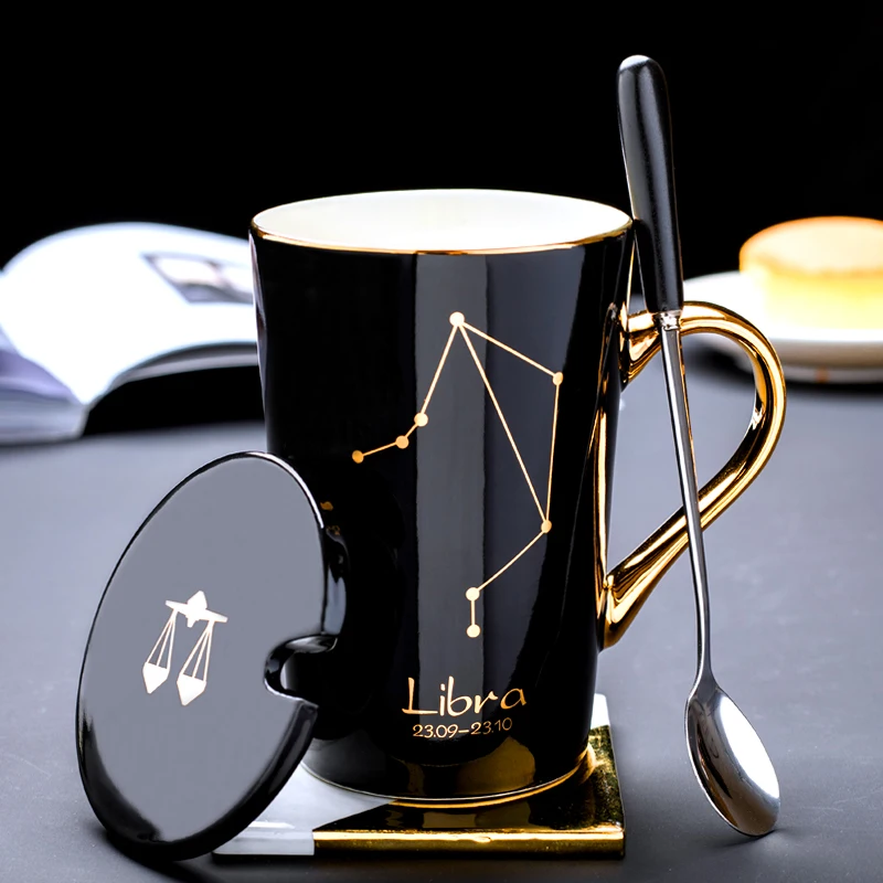 

Cheap Price White Black 12 Constellations Gold Pattern Ceramic Coffee Mug With Lid Spoon And Gold Handle For Souvenir